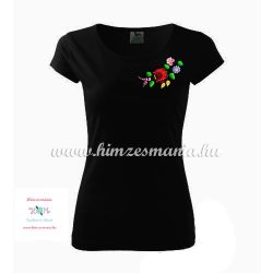   Fekete női póló színes kalocsai hímzéssel - Hímzésmánia 