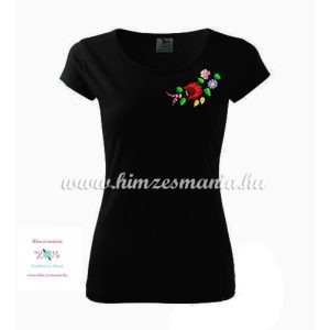 Fekete női póló színes kalocsai hímzéssel - Hímzésmánia 