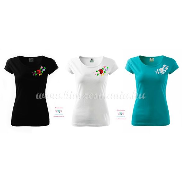 Fekete női póló színes kalocsai hímzéssel - Hímzésmánia 