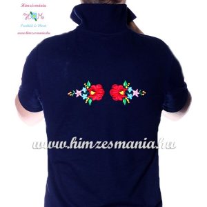 Men's pique polo shirt - folk machine embroidery - Kalocsa style - navy - Embroidery Mania