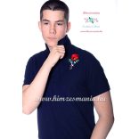 Men's pique polo shirt - folk machine embroidery - Kalocsa style - navy - Embroidery Mania