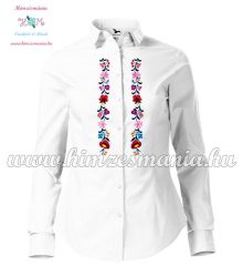 Womens long sleeve shirt - hungarian folk machine embroidery - Kalocsa design - white