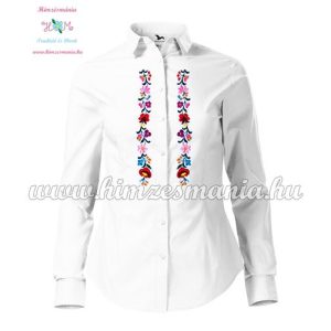 Womens long sleeve shirt - hungarian folk machine embroidery - Kalocsa design - white