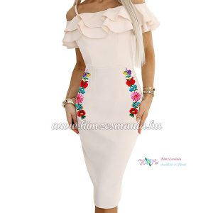 ELEGANT SUMMER DRESS WITH KALOCSAI PATTERN - HAND EMBROIDERY - BEIGE
