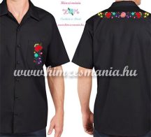   Men's short sleeve shirt - hand embroidery - folk motif - Kalocsa style - black