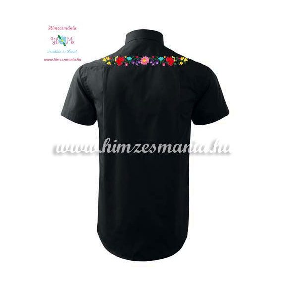 Men's short sleeve shirt - hand embroidery - folk motif - Kalocsa style - black