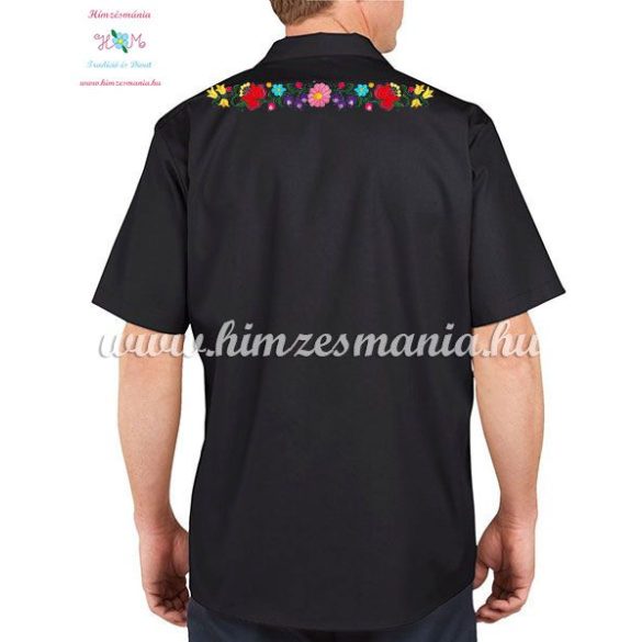 Men's short sleeve shirt - hand embroidery - folk motif - Kalocsa style - black