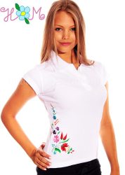 Women polo shirt - hungarian folk machine embroidery - Kalocsa style - white