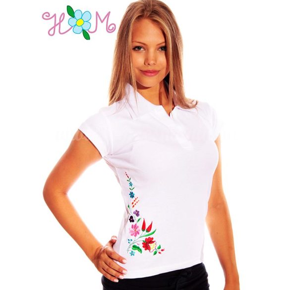 Women polo shirt - hungarian folk machine embroidery - Kalocsa style - white