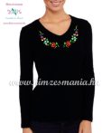    Women's long sleeve V-neck T-shirt - folk embroidery - hungarian style - black