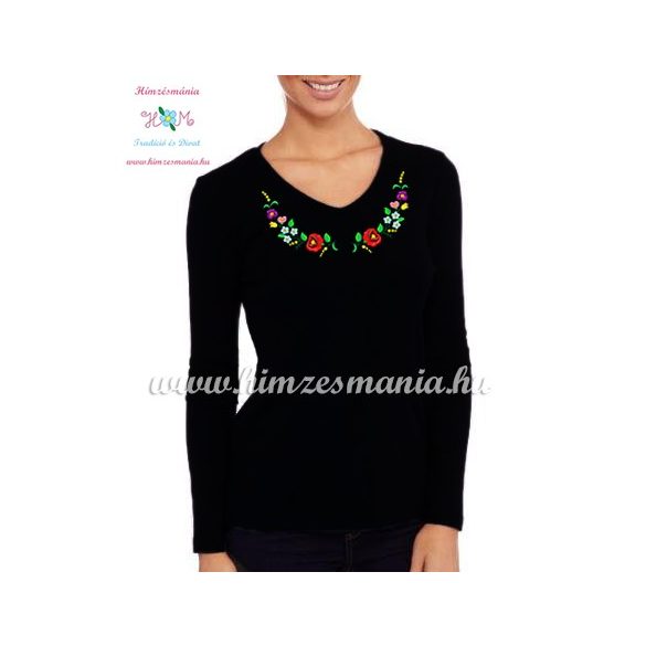  Women's long sleeve V-neck T-shirt - folk embroidery - hungarian style - black