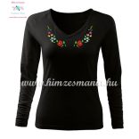  Women's long sleeve V-neck T-shirt - folk embroidery - hungarian style - black