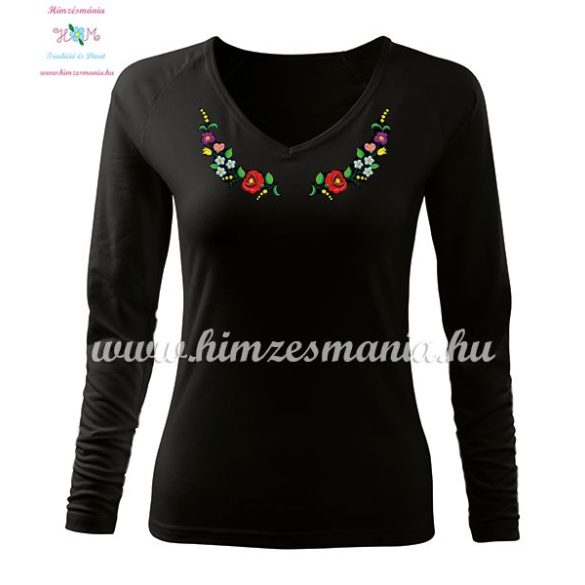  Women's long sleeve V-neck T-shirt - folk embroidery - hungarian style - black