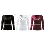 Women's long sleeve V-neck T-shirt - folk embroidery - hungarian style - black