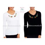  Women's long sleeve V-neck T-shirt - folk embroidery - hungarian style - black