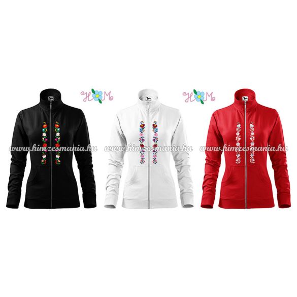 Cipzáras kenguru zsebes női pulóver - gépi hímzés - fehér