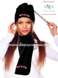 Hat scarf set - thermovelur -  hungarian kalocsa motif - macine embroidery - black