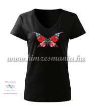   Rövid ujjú, V-nyakú női póló, kézi hímzésű kalocsai pillangó mintával - Hímzésmánia - fekete