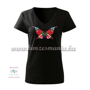 Rövid ujjú, V-nyakú női póló, kézi hímzésű kalocsai pillangó mintával - Hímzésmánia - fekete