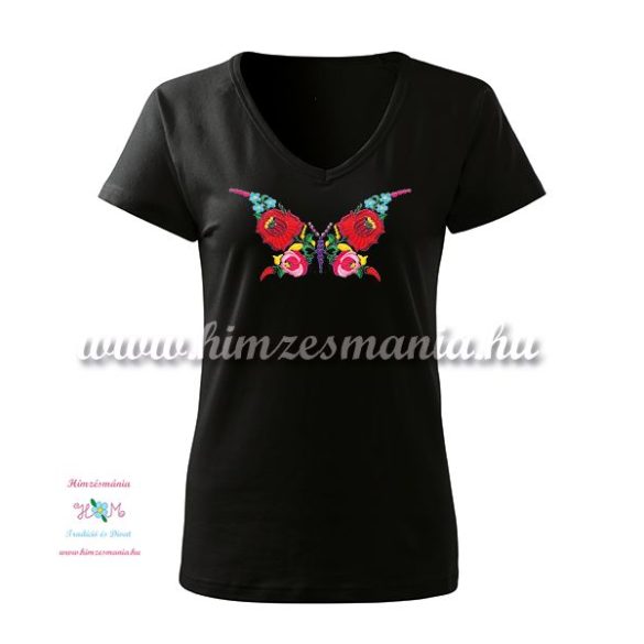 Woman V-neck T-shirt - short sleeve - hungarian folk - hand embroidery - kalocsa butterfly pattern - black