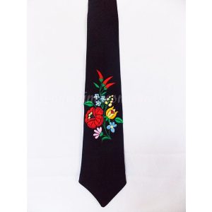 Tie - hungarian folk machine embroidery - Kalocsa pattern - black