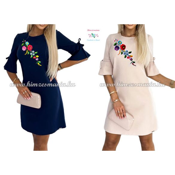 Elegant dress with Kalocsa pattern - hand embroidery - blue
