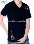   V-neck T-shirt short sleeves - machine embroidy - Kalocsa style Hungary - black
