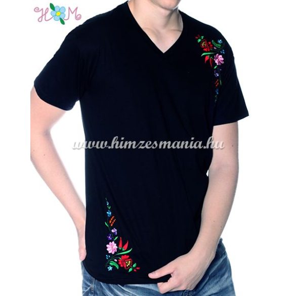 V-neck T-shirt short sleeves - machine embroidy - Kalocsa style Hungary - black
