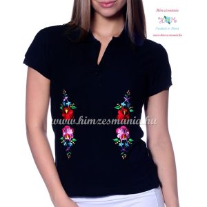 Women polo shirt - hungarian folk  machine embriodery - Kalocsai design - black