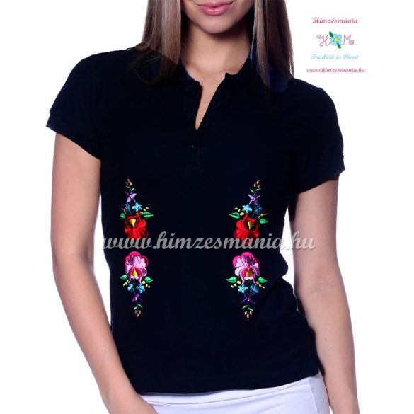 Women polo shirt - hungarian folk  machine embriodery - Kalocsai design - black