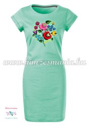 Ladies' long T-shirt - hungarian folk embroidery - Kalocsa pettern - mint