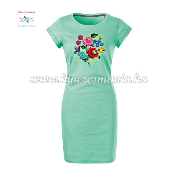 Kalocsai mintás pólóruha - kézi hímzés - menta