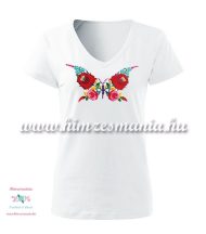   Woman V-neck T-shirt - short sleeve - hungarian folk - hand embroidery - kalocsa butterfly pattern - white