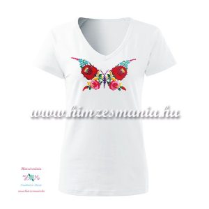 Woman V-neck T-shirt - short sleeve - hungarian folk - hand embroidery - kalocsa butterfly pattern - white