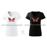 Rövid ujjú, V-nyakú női póló, kézi hímzésű kalocsai pillangó mintával - Hímzésmánia - fehér