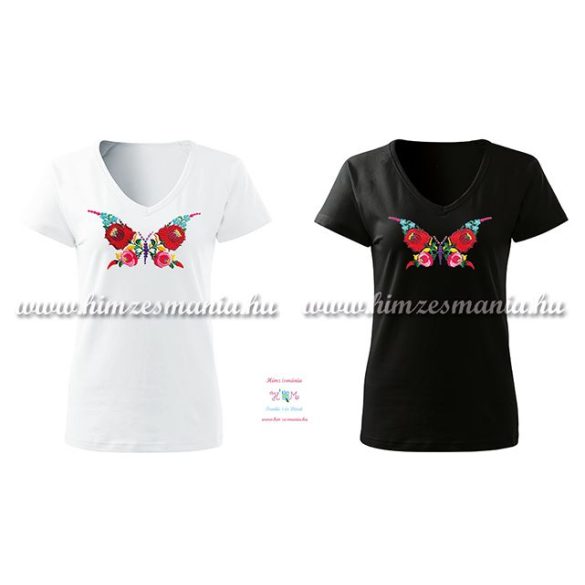 Rövid ujjú, V-nyakú női póló, kézi hímzésű kalocsai pillangó mintával - Hímzésmánia - fehér