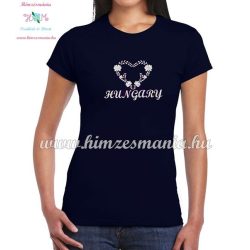   Short Sleeve T-Shirt Women - HUNGARY inscription - machine embroidered - Matyo heart - navy