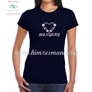 Short Sleeve T-Shirt Women - HUNGARY inscription - machine embroidered - Matyo heart - navy