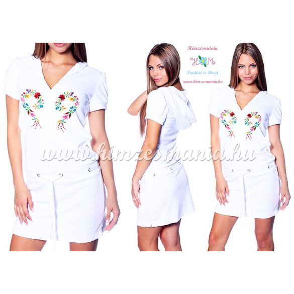 Terry beach dress - folk machine embroidered - Kalocsa heart design - white