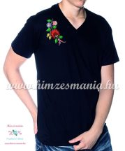   V-neck, short-sleeved T-shirt man - machine embroidery - Kalocsa folk motif - black