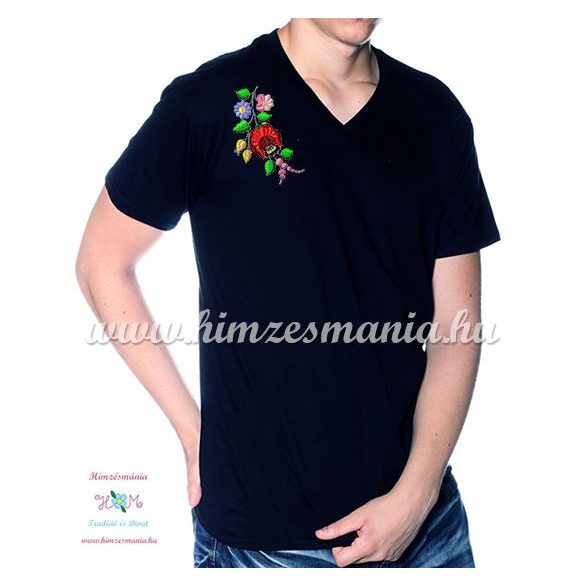 V-neck, short-sleeved T-shirt man - machine embroidery - Kalocsa folk motif - black