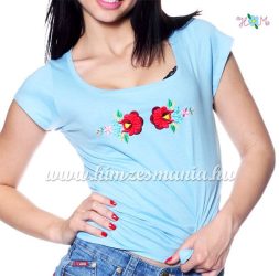 T-shirt - hungarian folk embroidery - Kalocsa rose - sky blue (S-XL) - Embroidery Mania