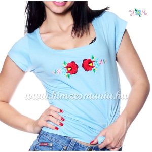 T-shirt - hungarian folk embroidery - Kalocsa rose - sky blue (S-XL) - Embroidery Mania