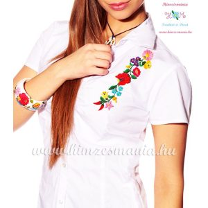 Women's short sleeve shirt - hungarian folk - hand embroidery - Kalocsa motif - white