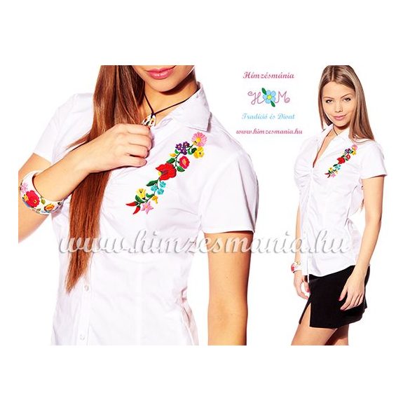 Women's short sleeve shirt - hungarian folk - hand embroidery - Kalocsa motif - white