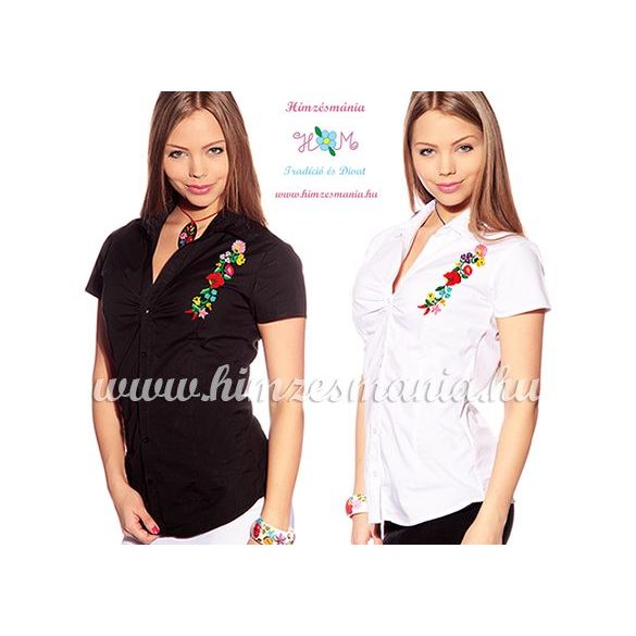 Women's short sleeve shirt - hungarian folk - hand embroidery - Kalocsa motif - white