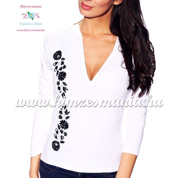Ladies long sleeve t-shirt half-zip - hungarian black embroidery - Kalocsai pattern - white