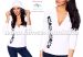 Ladies long sleeve t-shirt half-zip - hungarian black embroidery - Kalocsai pattern - white