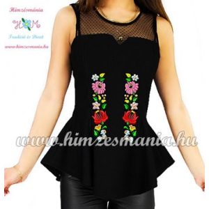 Sleeveless blouse - hungarian folk machine embroidery - Kalocsa motif - black