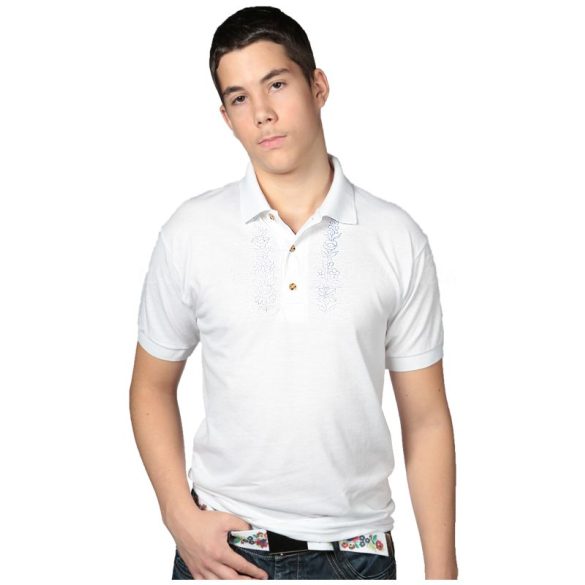 Hímzésmánia - hímezhető férfi galléros póló kalocsai mintával - fehér 